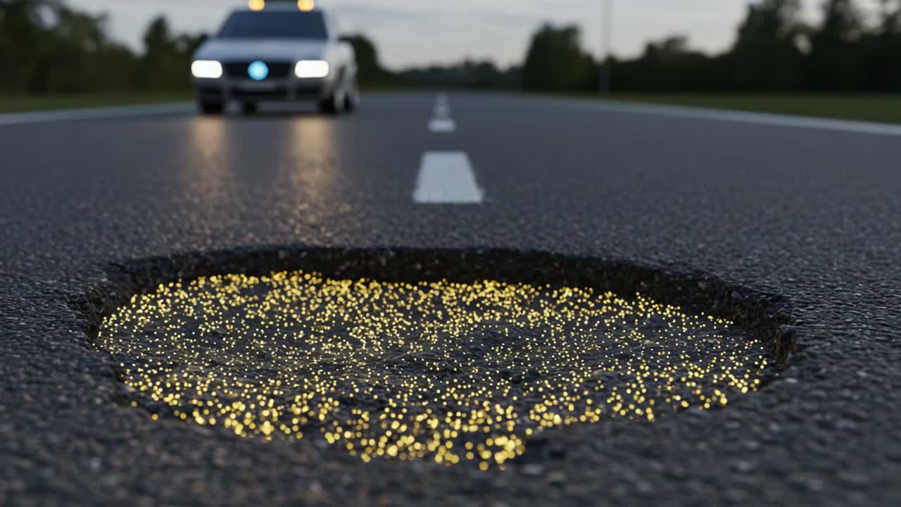 An illuminated pothole on a highway catches the eye, showcasing bright lights embedded in its edges while a vehicle approaches in the background, emphasizing road safety concerns