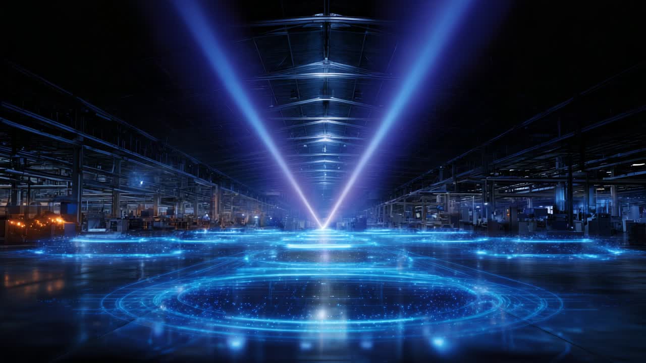 A futuristic industrial setting featuring glowing blue circular patterns and beams of purple light emanating from the center, creating an immersive atmosphere filled with technology and innovation