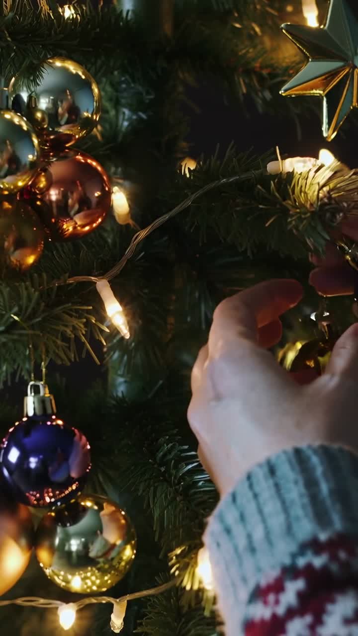 Vertical video: At start sweater-clad hands placing purple gold baubles on branch in home for decor