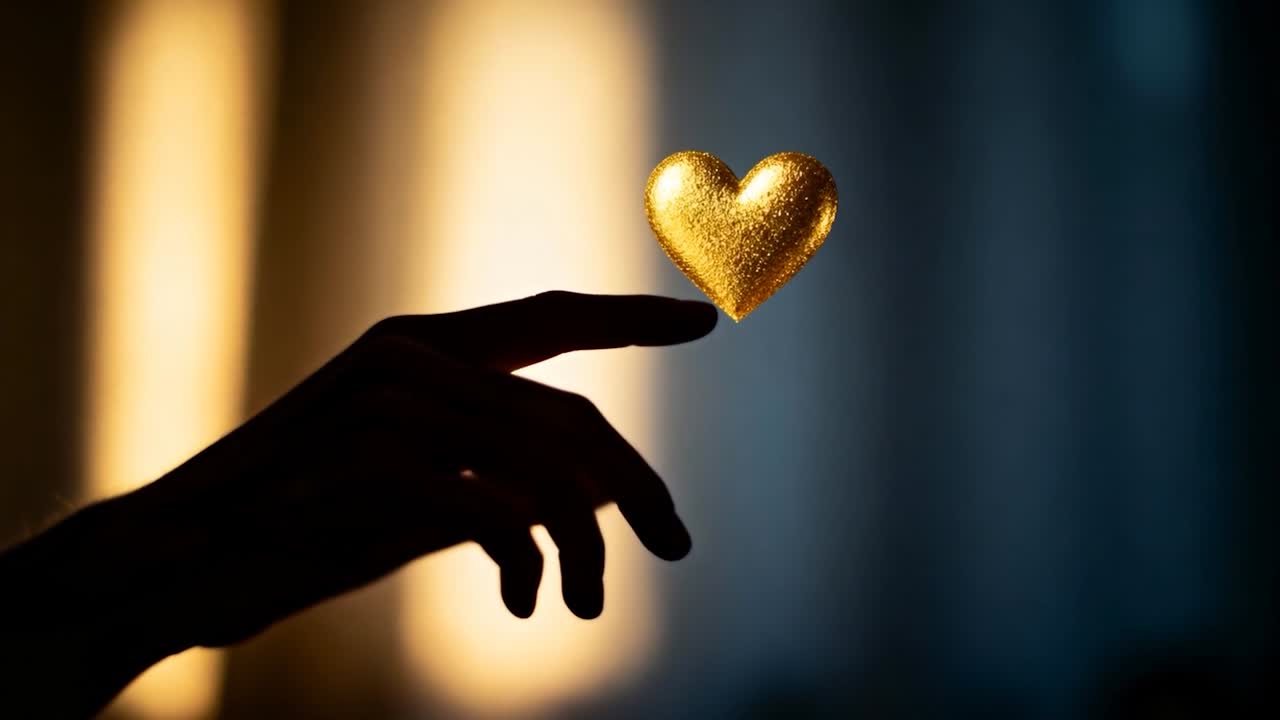 Mano en silueta que alcanza un corazón brillante, extendiendo el dedo índice para tocar en un conjunto retroiluminado
