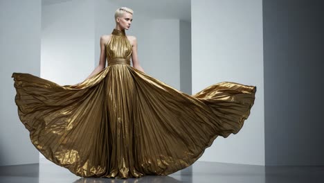an elegantly draped model showcases a striking gold gown in a contemporary photo shoot setting, highlighting fashion excellence and artistic expression