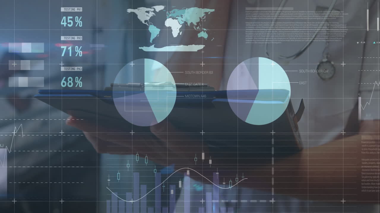 Animation of financial data processing over caucasian female doctor taking notes