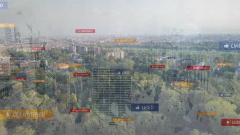 displaying aerial park and cityscape through translucent ui overlays, floating notification icons
