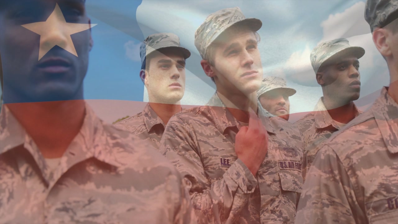 Soldiers standing in ranks as camera revealing, placing hands, flag overlay drifting for pledge