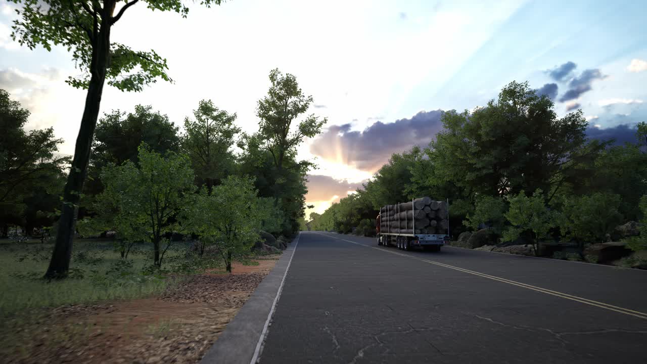 Transports Heavy Logs Down An Empty Asphalt Highway Crossing The Beautiful Forest, Freight Truck Hauls Heavy Logs Down The Rural Freeway