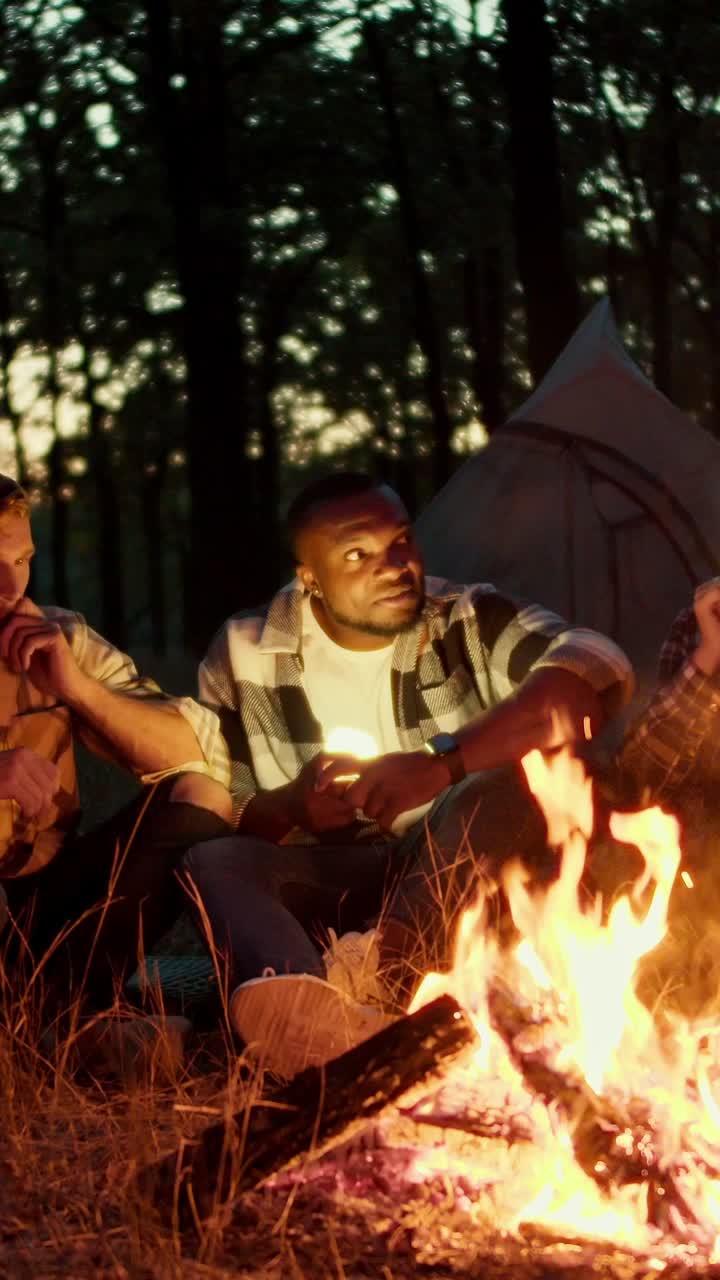 친구 들 이 밤 에 캠프 불 을 즐기고 있다