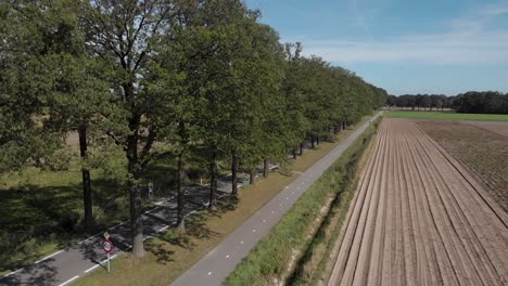 Descenso-Aéreo-Desde-La-Parte-Superior-Del-árbol-Que-Revela-Una-Carretera-Rural-Con-Una-Carretera-Para-Bicicletas-Además-De-Un-Campo-De-Cultivo-Agrario-Rastrillado-Contra-Un-Cielo-Azul-En-Los-Países-Bajos