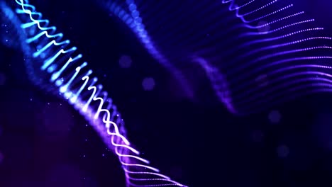 4k looped sci-fi particle background of microworld or space with bokeh and light effects. glow blue particles form lines, surfaces, complex string structures in smooth motion.