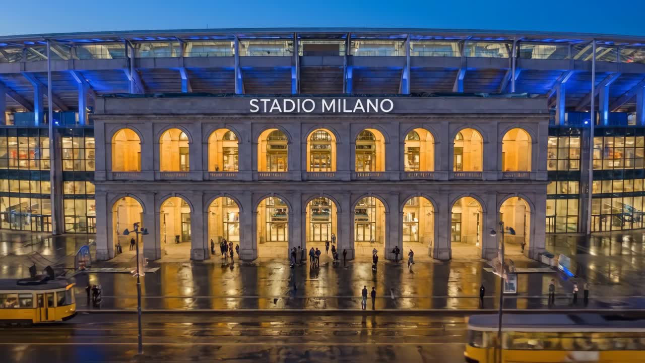 Opplyst Stadio Milano med trikker og fotgjengere i skumringen