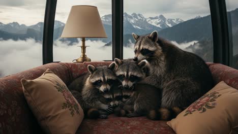 a cozy family of raccoons nestles together on a vintage couch, overlooking majestic mountains and serene clouds in a warm and inviting setting