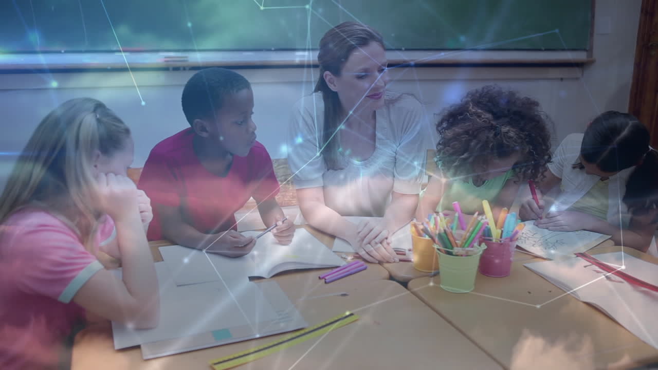 animación de la red de conexiones sobre maestras y escolares escribiendo