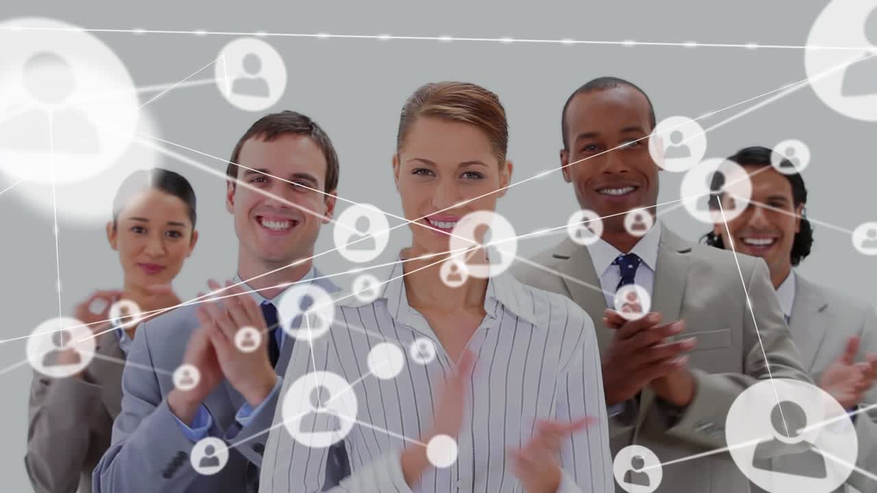 Animation of network of profile icons against portrait of diverse businesspeople clapping together