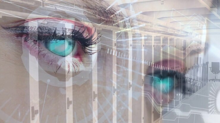 Cyan iris pulsing, female face activating overlay, shifting servers, schematics showing gaze data