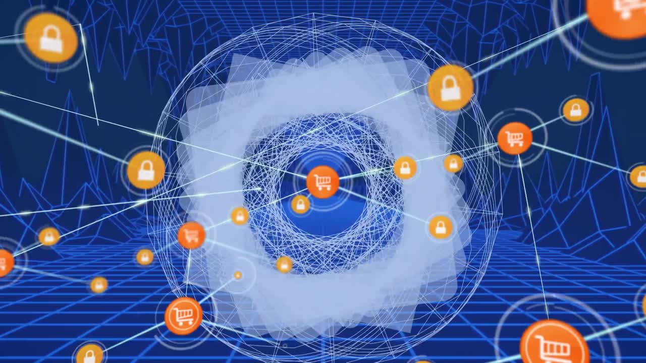 회전하는 기하학적 형상과 메타버스 위에 아이콘으로 연결된 네트워크의 애니메이션