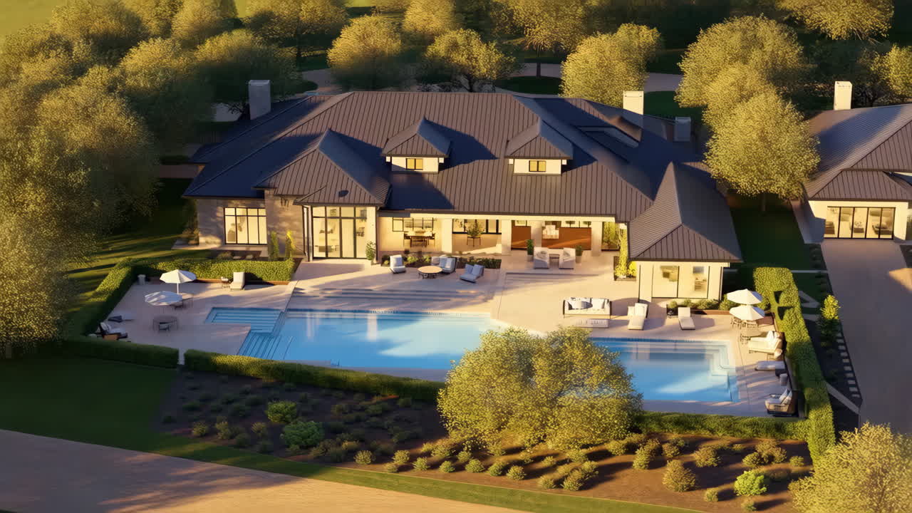 Aerial View of a Luxurious Modern Home with Large Swimming Pool and Outdoor Living Area