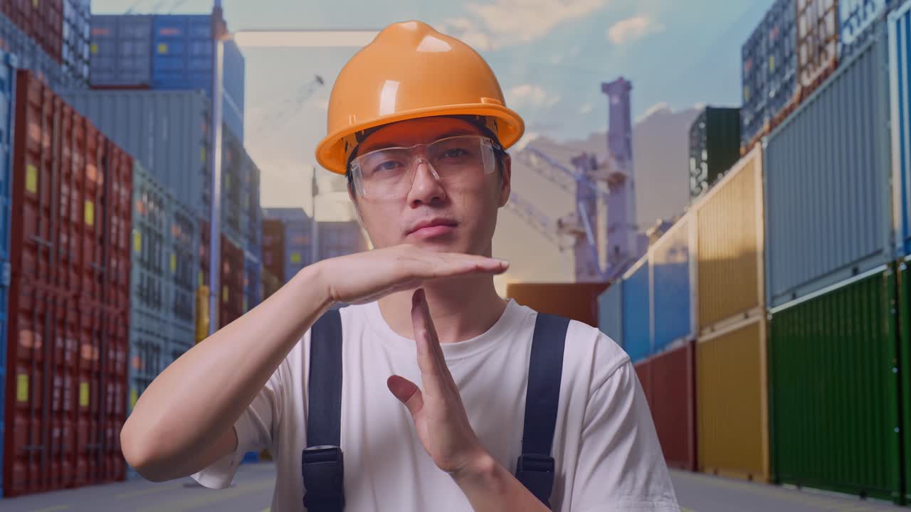 Close Up Of Asian Man Worker Wearing Goggles And Safety Helmet Looking At Camera And Showing Time Out Hands Gesture While Standing At Container Yard Warehouse
