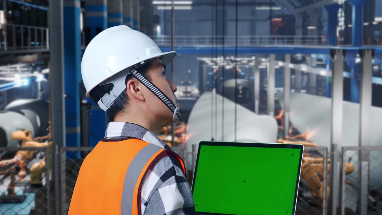 풍력 터빈 제조 공장에서 안전 헬을 착용한 아시아 남성 엔지니어가 녹색 스크린 노트북을 보고 로 팔이 작동하는 동안 주변을 둘러보고 있습니다.