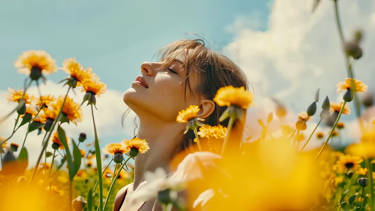 A serene video scene with a low-angle shot of a woman among sunflowers, capturing a peaceful, sunlit