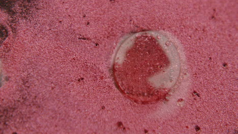 a drop of water in a red substance with shiny particles