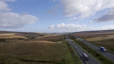 aerial footage of the m62 motorway at its summit, the highest motorway in england