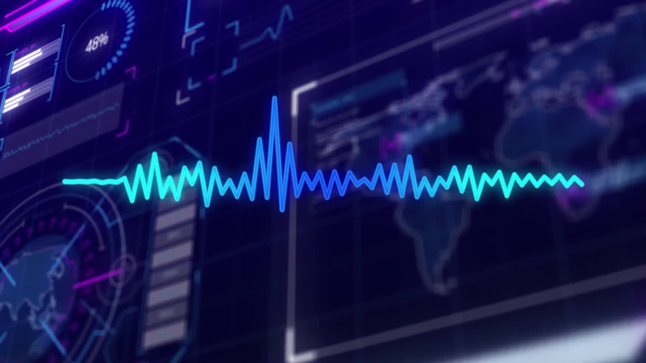 Digital waveform and data charts over world map interface animation