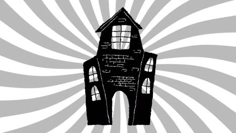 animation of halloween haunted house over moving white and grey background