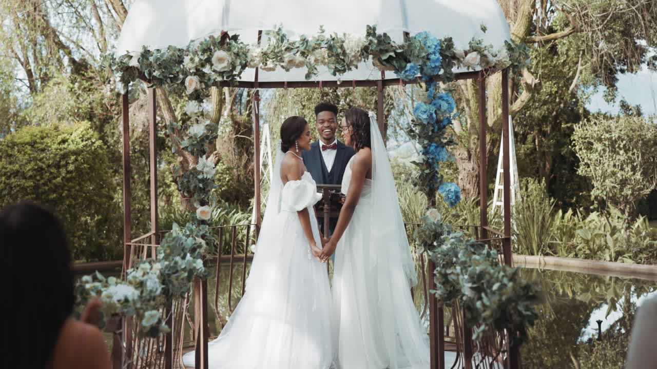 Lesbian, marriage and couple kiss at wedding