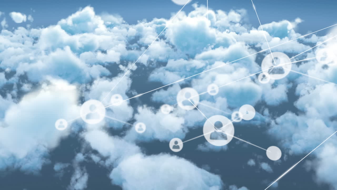 사람들과의 연결 네트워크의 애니메이션 구름이 있는 하늘 위의 아이콘