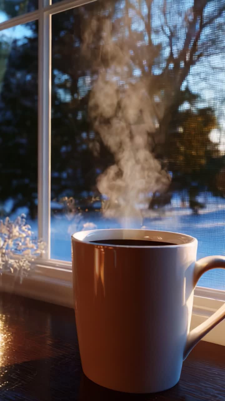 A Steaming Coffee Cup on a Windowsill: The Warm Essence of Coffee Captured in Morning Light with Soft Wisps of Steam Rising Against a Serene Winter Landscape Outside the Cozy Glass