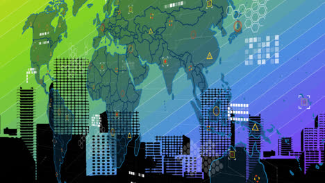 animation of circuit board pattern over map against digital buildings on gradient background