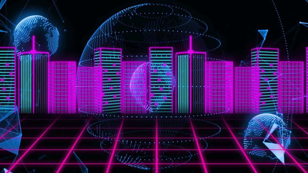 Animation of futuristic technology with neon cityscape, grid, and digital globe