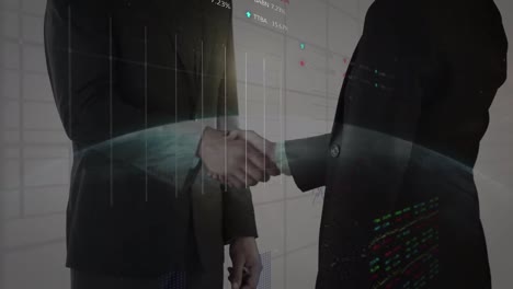 animation of data processing and globe over businessman handshake