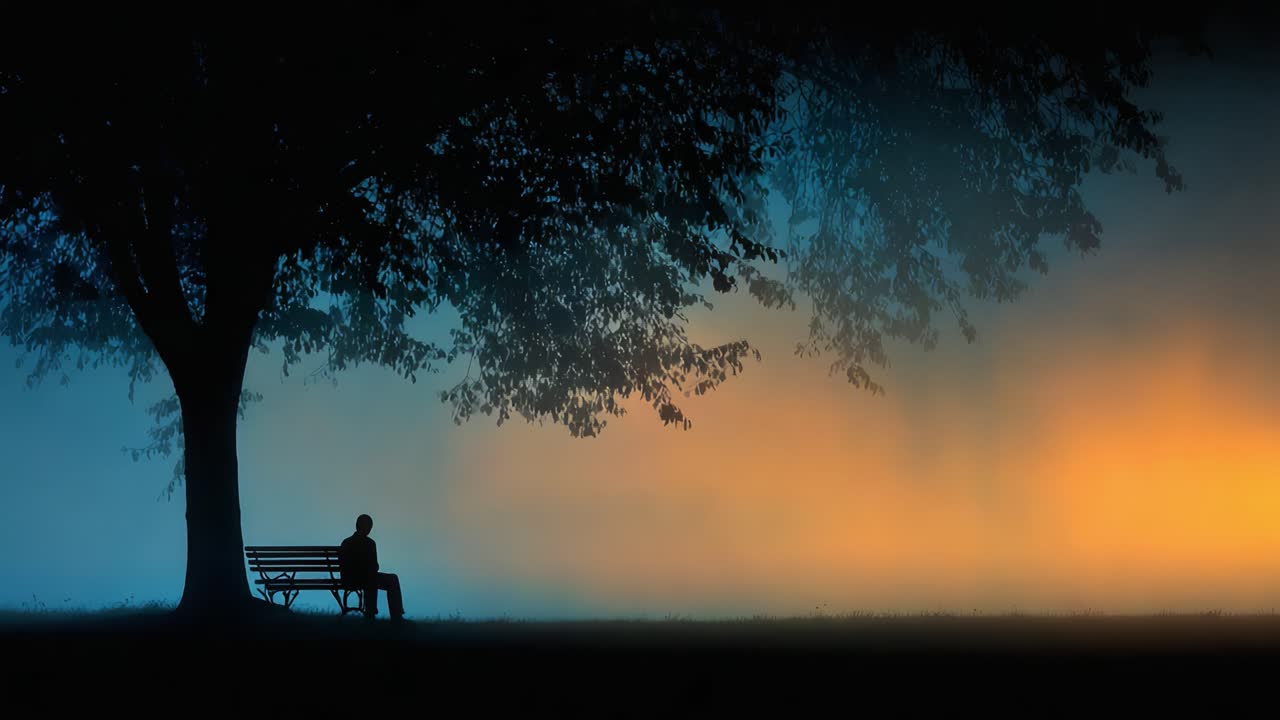 A solitary figure sits on a bench beneath a large tree, enveloped in mist and illuminated by contrasting amber and blue hues, evoking a sense of tranquility and reflection