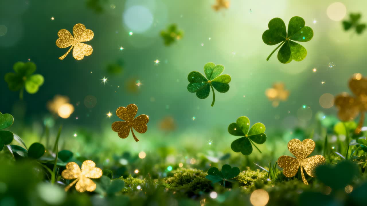 Opening shot starting green and gold clover cluster drifting, settling on moss to rest, sparkles