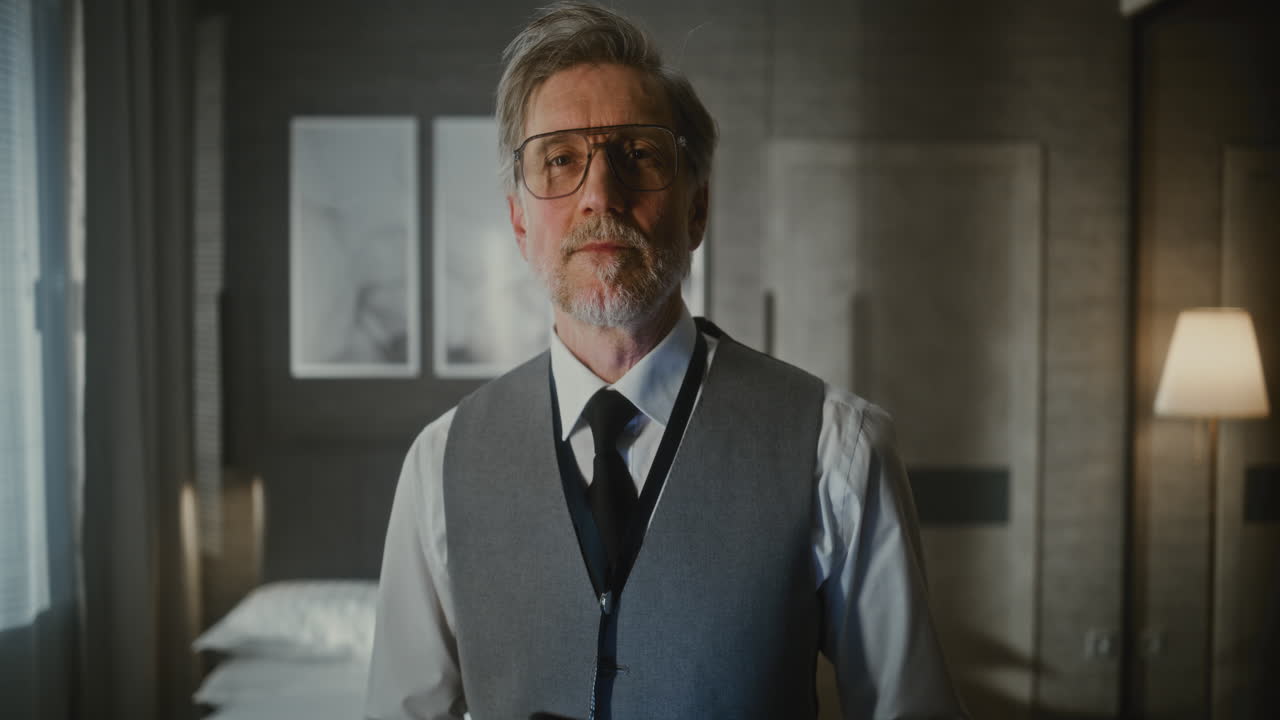 An adult man with a beard, wearing glasses, a vest, and a necktie in a bedroom