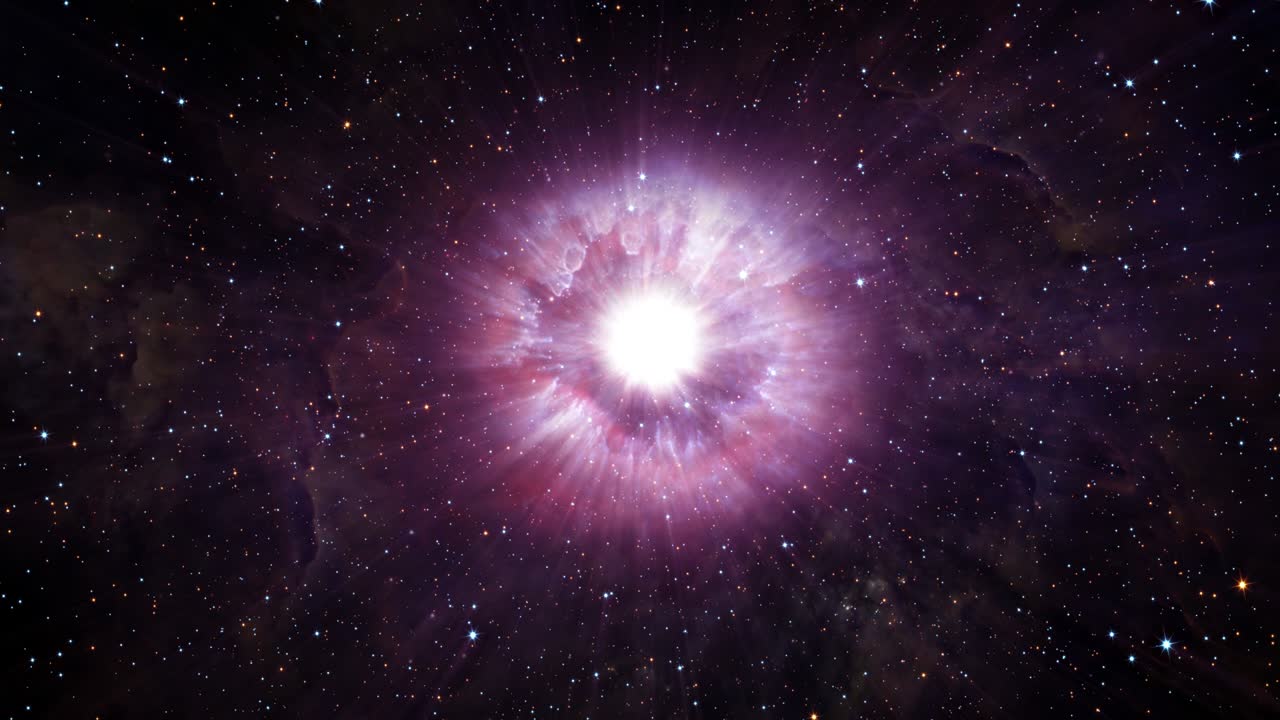 Abstract loop center glowing giant star light with shining streaks flare light with rotation star fields. 4K 3D Seamless loop motion for astronomy science, interstellar, universe, nebula, galaxy.