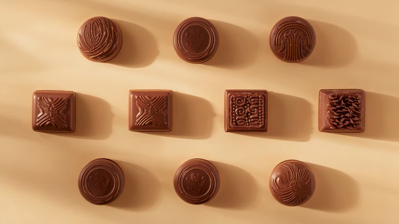 Luz passando pelas frestas das persianas sobre uma mesa bege, revelando o brilho dos chocolates, movimento de câmera