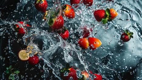 fresh strawberries splashing in water
