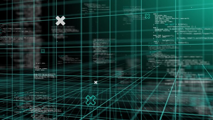 Animation of layers of processing data and coding moving over 3d grid on black background