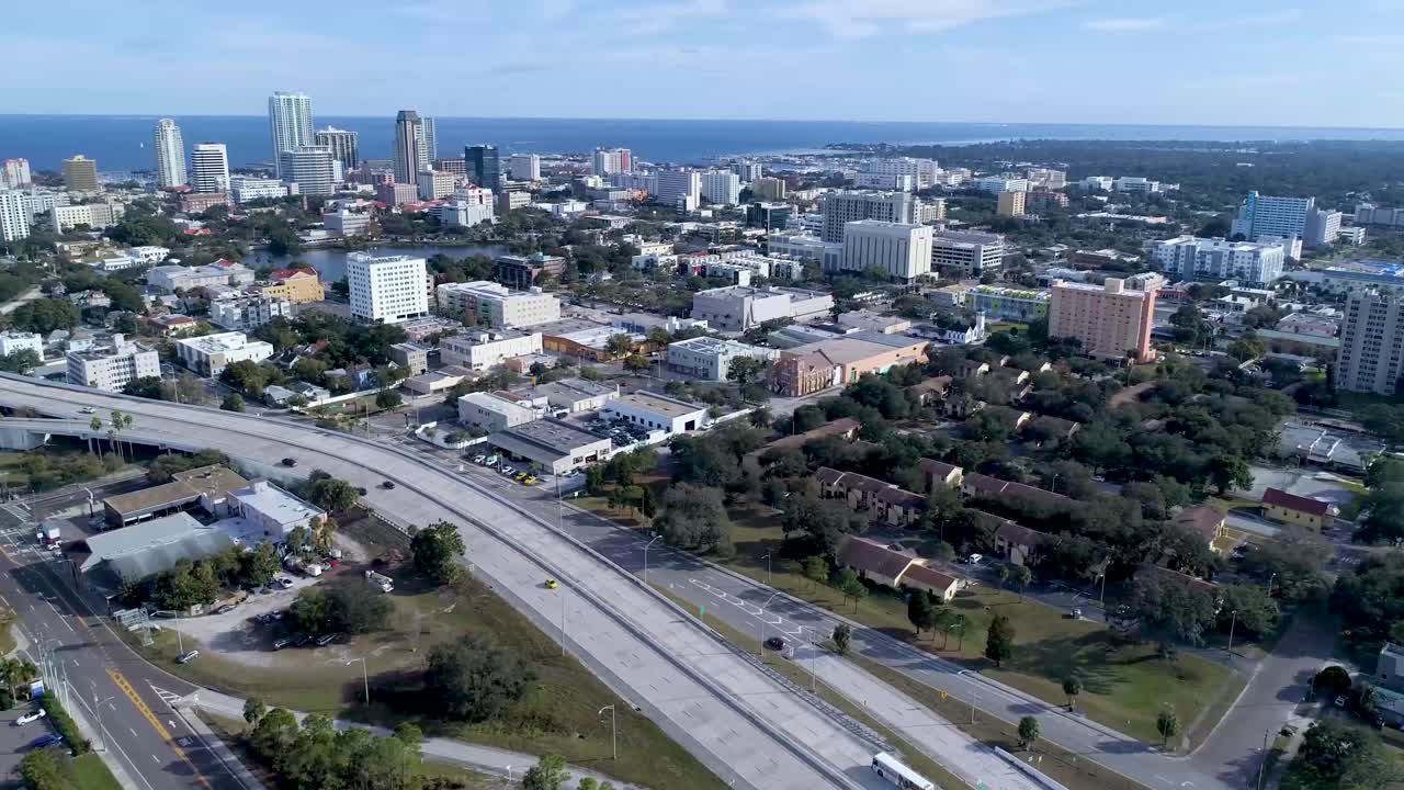 4K Aerial Video of Downtown St Petersburg, Florida Downtown St Pete Looking South East from I-375