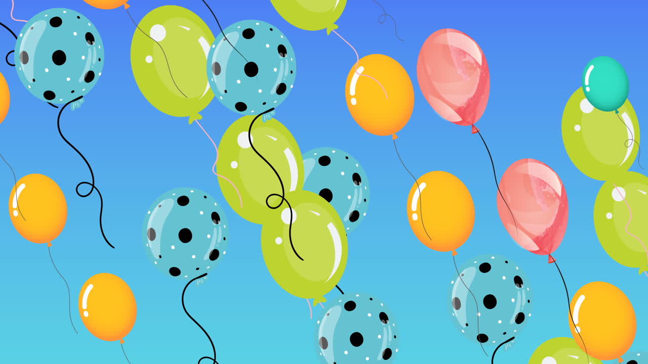 animación de globos de colores que vuelan sobre un fondo azul