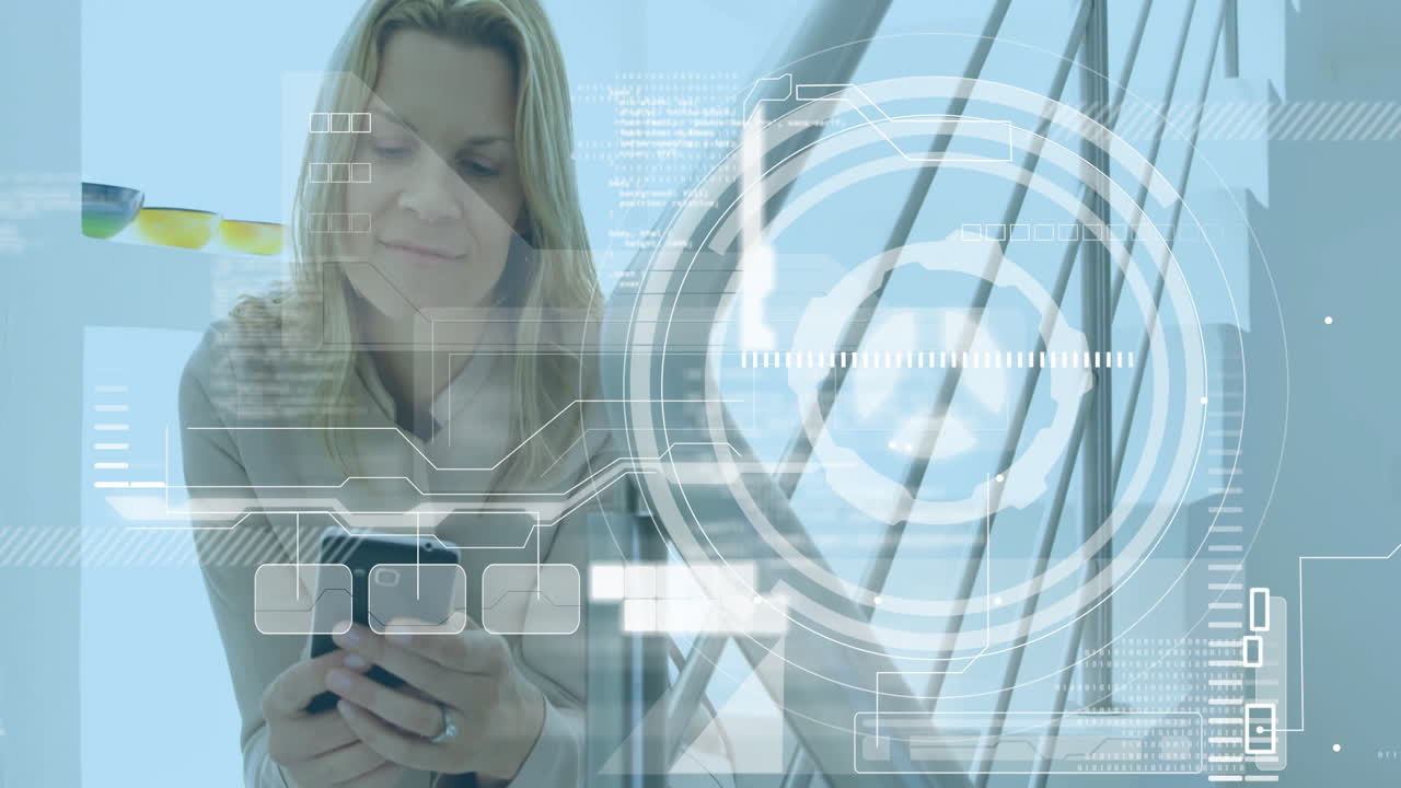 Using smartphone, woman with futuristic interface over modern architecture background