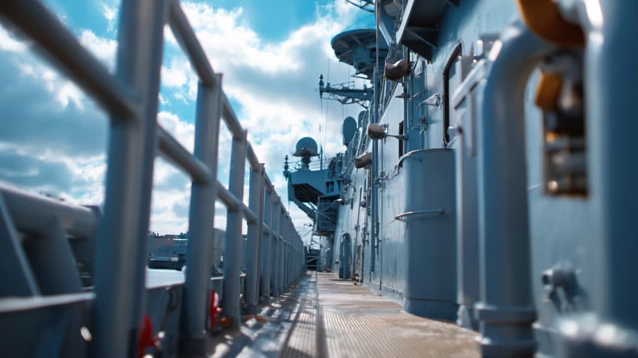 Narrow walkway runs along a large warship's deck. Metal railings guide the path under clear blue skies. Rugged equipment and radar domes rise on the ship's side. The scene evokes military precision