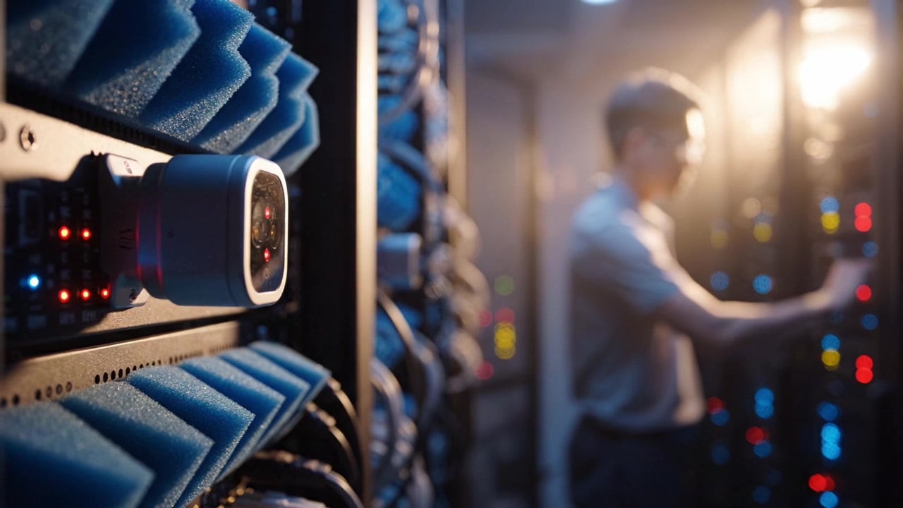 Overvågningskamera, der monitorerer datacenteraktiviteter med fokus på udstyr i et dæmpet belyst miljø med serverracks og personaleinteraktioner.