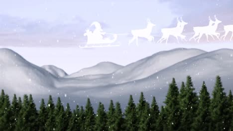 Animation-of-santa-claus-in-sleigh-with-reindeer-over-snow-falling-and-winter-landscape