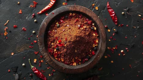 close-up of a bowl of red pepper flakes and peppercorns