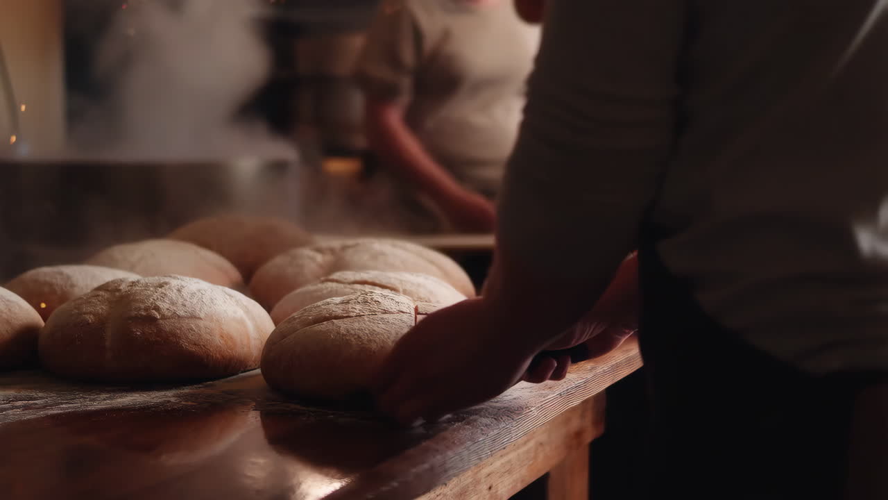 Artisan Baker Scoring Freshly Prepared Bread Loaves in a Steamy Bakery