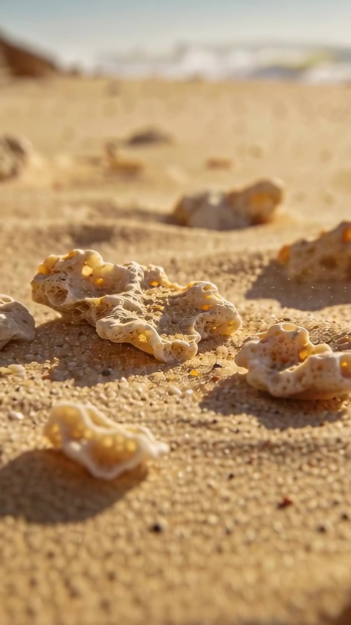 Vertical video: Camera pulling back revealing porous coral on sand, showing distant shore
