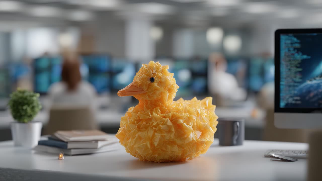 A Unique Desk Decor: A Vibrant, Fluffy Yellow Duck Crafted from Tissue Paper, Bringing a Touch of Whimsy to a Modern Office Environment Filled with Technology