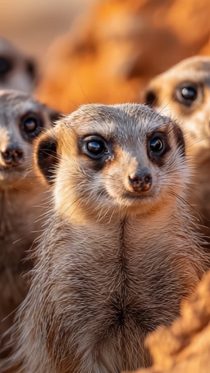 Dos momentos cautivadores de suricatas mostrando sus expresiones únicas y comportamiento social en su hábitat natural, perfecto para entusiastas de la vida silvestre y amantes de los animales.